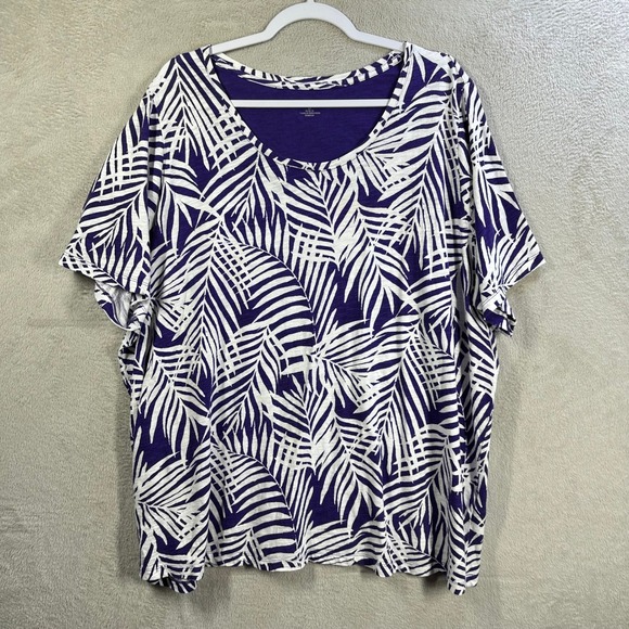 Catherines Tops - Catherines Womens 2X Purple White‎ Palm Leaf Print Cotton Scoop Neck T-Shirt Top